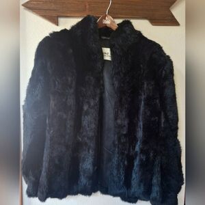 Vintage 100% Dyed Rabbit Fur Black Coat Lined Hook/Eye Closure Womens Size L